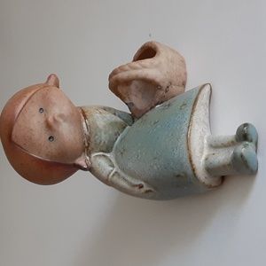 Vintage UCTCI Japan Stoneware Pottery Figurine Girl Basket Semi Glazed